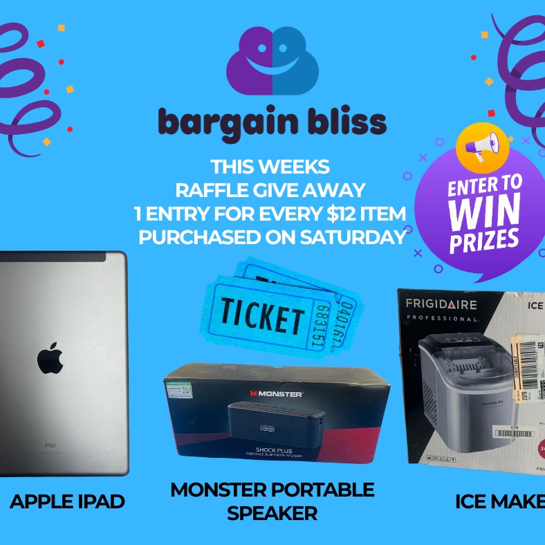 his weeks raffle items are an Apple iPad, Monster portable speaker, and a Frigidaire Ice maker. THIS SATURDAY! 1 entry for every $12 bin item purchased. Drawing is Facebook live at 5:00 pm