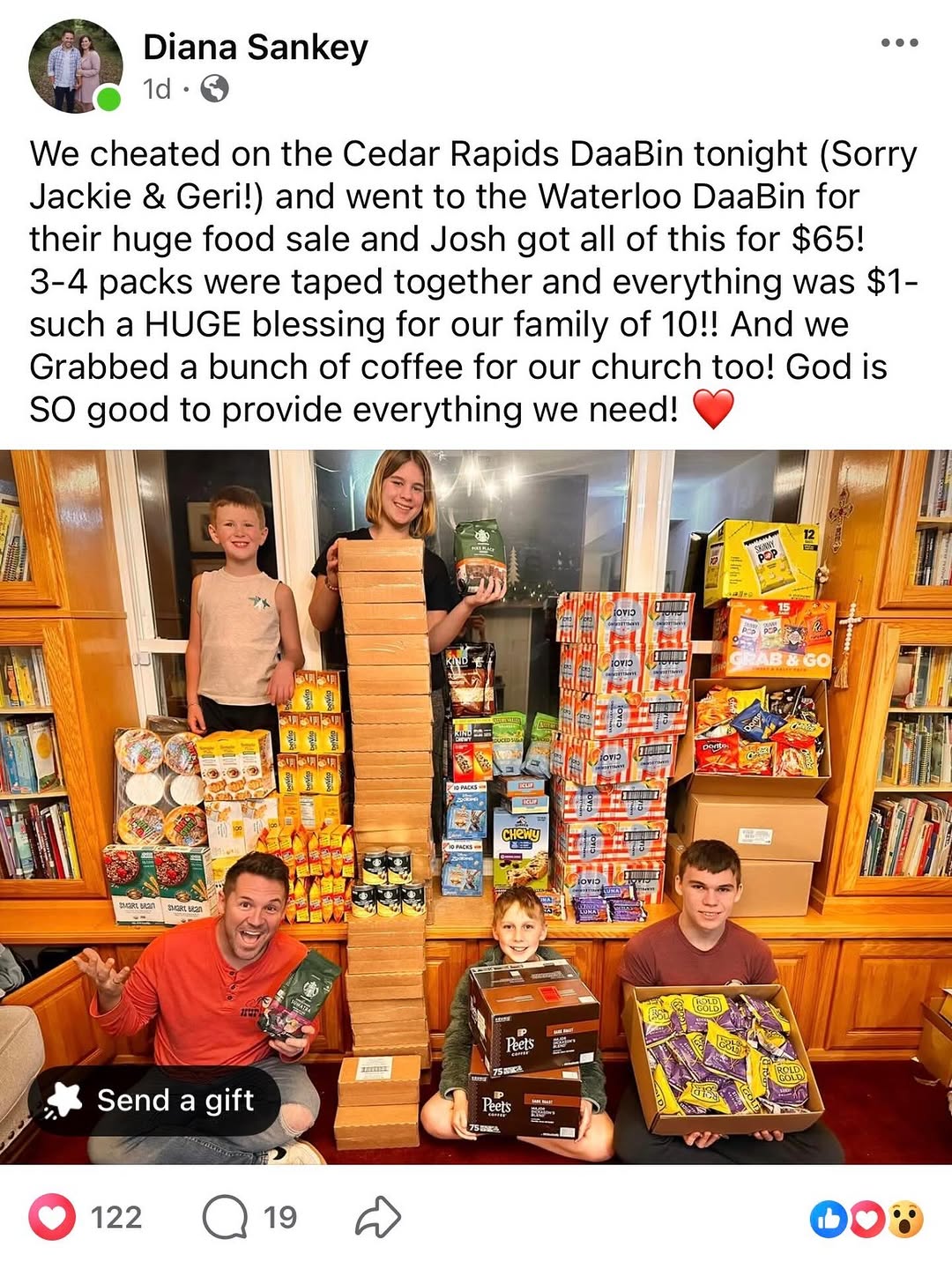 So often all the online noise is negative. Thank you Diana for your appreciation 💙💛 We are so glad that you were able to get incredible deals on food to feed your family of 10, and even make a coffee donation to your church! All of that for only $65 including their COVER charge ☺️ And they drove from the Cedar Rapids area to get in on the fantastic deals. Thank you so much for sharing your story 💙💛 #daabinstore #idigdaabins #waterloo #foodsale #community